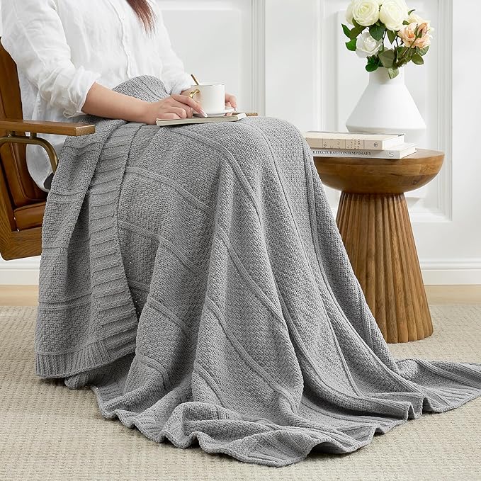 Amélie Home Premium Chenille Throw Blanket, Soft Cozy Moss Stitch Knit Blanket for Couch, Sofa, Chair, Home Decor, Grey 50"x60"
