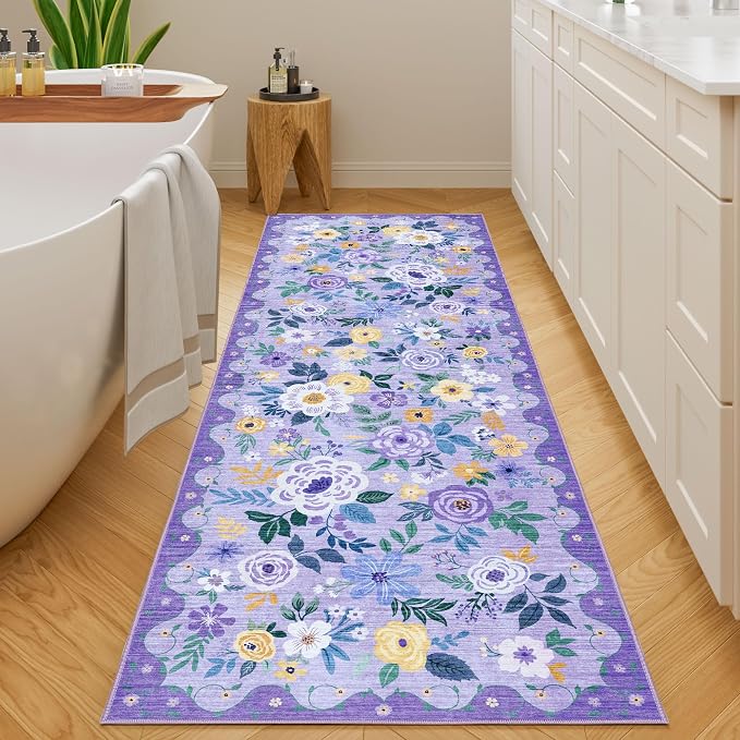 DUKINO 2x10 Runner Rug, Floral Washable Kitchen Runner Rug Non Slip, Purple | Soft, Low Pile, Stain Resistant Indoor Rug Runner for Hallway, Entryway, Bedroom, Bathroom, Laundry, Pet Friendly, Home Decor