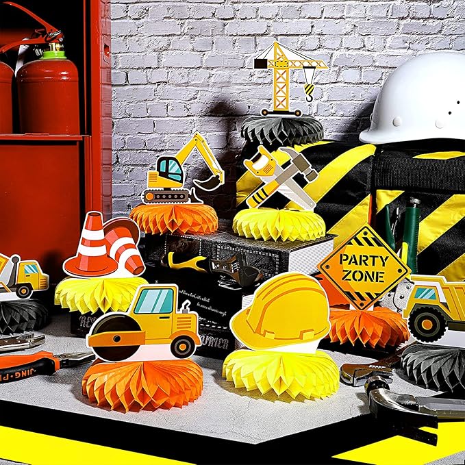 Threan 9 Pieces Construction Party Centerpieces Honeycomb Car Truck Zone Centerpieces 3D Table decorations for Baby Shower Birthday Party favors Supplies