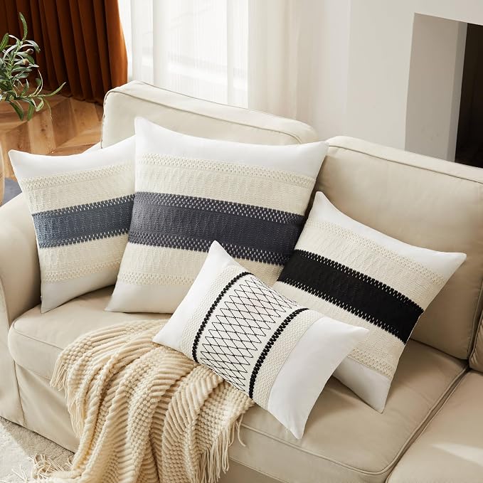 2pk Boho Pillow Covers 20x20, Natural White/Contrast/Charcoal | 100% Organic Cotton Body, Stripe Embroidery, Farmhouse Decorative Cushion Covers for Sofa Bed Living Room Home Decor