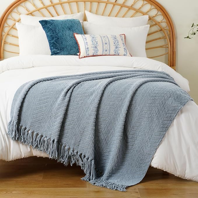 BATTILO HOME Blue Grey Chenille Throw Blanket for Couch, 60"x80" | Knit Throw Blanket, Super Soft Warm Home Decor Blue Throw Blanket with Tassels for Bed,Sofa and Living Room