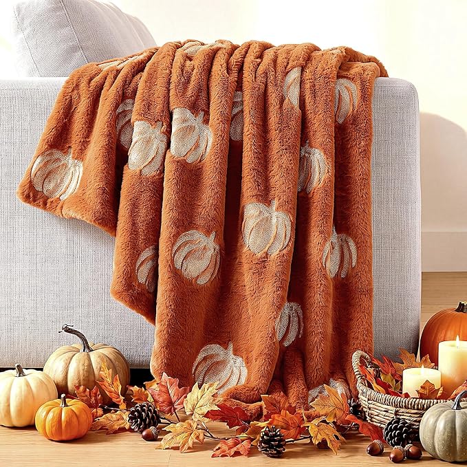 Tegeme Fall Halloween Pumpkin Throw Blanket 50" x 60", 3D Pumpkin Pattern Faux Rabbit Fur Fleece Blanket, Soft Cozy Rust Autumn Throw for Couch Sofa Bed, Thanksgiving Gift for Women Mom(Light Orange)