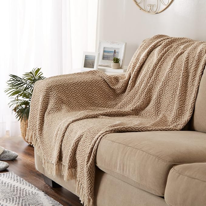 DII Rustic Farmhouse Double Diamond Woven Throw,Stone, 50x60 (Pack of 12)