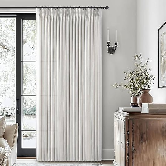 60 Inch Wide Beige White Light Filtering Curtain 92 Inches Long for Kids Room 2 Panels, Memory Shape Pleated Natural Linen Blend Semi Sheer Privacy Drapes with Back Tab Cottage Core Windows Curtain
