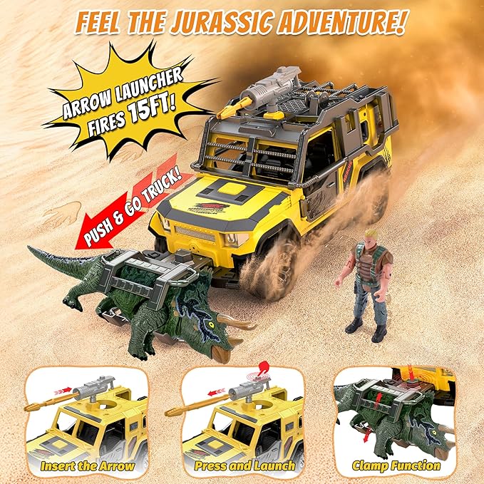 EKU Dinosaur Transport Truck with Trailer and 10 Sounds, Launcher, Clamp, Heads Moves Attack Triceratops Figure, Human, Carrier, Push and Go Adventure Vehicle for Jurassic World Toys Kids Boys Girl 3+