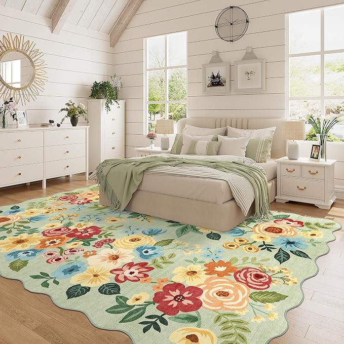 DUKINO 6x9 Area Rugs, Floral Washable Rug for Living Room Non Slip, Green | Low Pile, Stain Resistant, Soft Indoor Large Rugs for Bedroom, Dining Room, Kids Playroom, Nursery, Pet Friendly, Home Decor