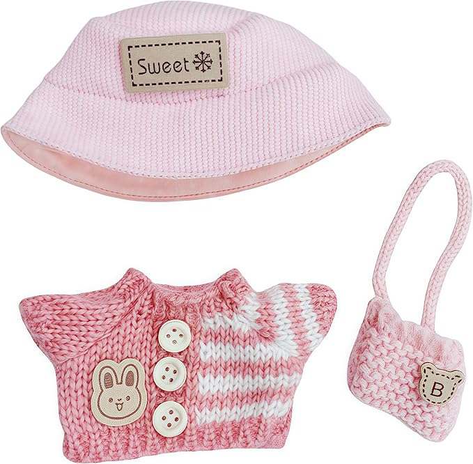Designer Clothes for 17cm Dolls, Handcrafted Crochet 3-Piece Set, Doll Knit Outfit Accessories with Pink Sweater Tops, Pink Cross-Body Bag, and Bucket Hat, T-Pink