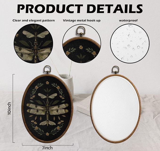 Vintage Dragonfly Flower Oval Wall Art, Dark Moody Oval Framed Wall Art, Waterproof Cottage Core Decor for Western Farmhouse Bedroom Living Room, Home Retro Decor Products, 02