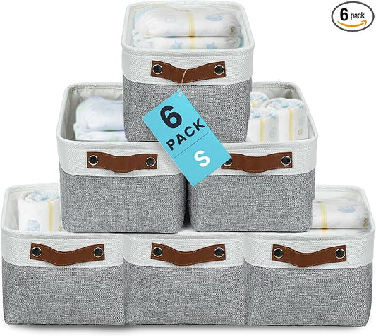 OrganiHaus 12x8in Canvas Storage Baskets, 6 Pack - Fabric Bins for Shelves | Vegan leather handles; a decorative pantry and office organizer, container for desk and books