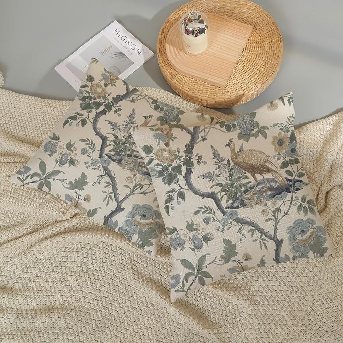 Chinoiserie Pillow Covers 18x18 Set of 2 Blue Bird Floral Throw Pillows Vintage Blue Green Flowers Decorations Outdoor Pillowcase Chinoiserie Decor Farmhouse Cushion Case for Couch Home