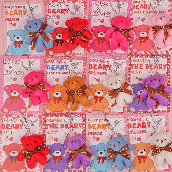 28 Pack Valentines Day Cards for Kids Classroom with Mini Bear Plush Toys Keychain Valentines Day Gifts for Kids School Valentines for Class Exchange Cards Valentines Party Favors Prizes Girls Boys