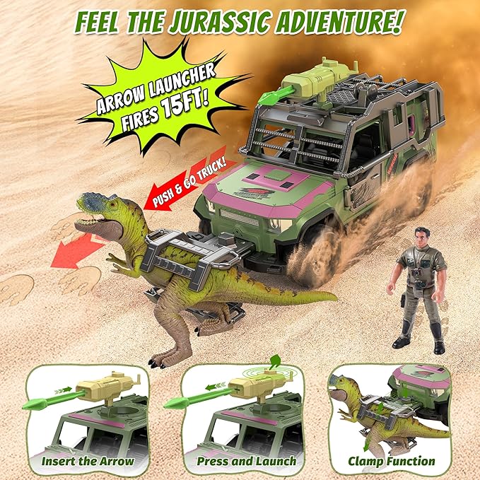 EKU Dinosaur Transport Truck with Trailer and 10 Sounds, Launcher, Clamp, Chomping T-Rex Figure, Human, Carrier, Push and Go Adventure Vehicle for Jurassic World Toys Pretend Play Gifts for Kids 3+