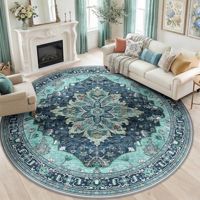 RELEANY Area Rugs Round 8ft Washable Non-Slip, Floral Vintage Distress Medallion Carpet for Living Room Bedroom Dining Room, Teal Green Lake Blue Turquoise