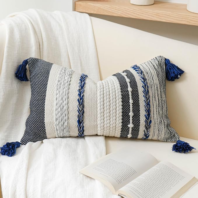 Decorative Lumbar Throw Pillow Cover 14x24 Boho Dark Blue Accent Cushion for Couch Sofa Farmhouse Pillowcase for Bedroom Living Room Home Décor Cover ONLY