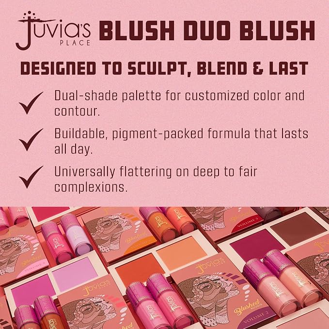 Juvia's Place Duo Blush Volume 1 - Matte Powder Blush for Cheeks Makeup | Highly Pigmented, Two Tone Make Up Powder Blush with Buildable Color for Natural or Bold Looks