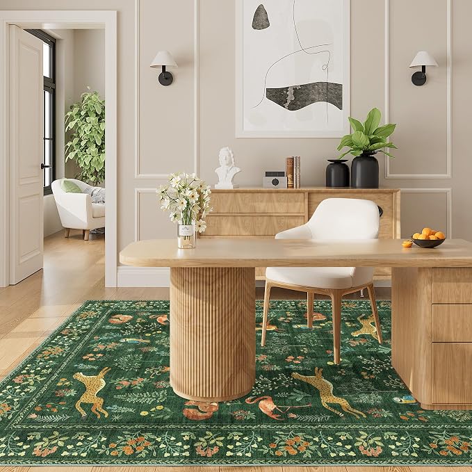 DUKINO 4x6 Area Rug, Non Slip Animal Washable Rug for Living Room, Green | Soft, Low Pile, Stain Resistant Indoor Carpet for Bedroom, Dining Room, Nursery, Farmhouse, Pet Friendly, Non-Shedding