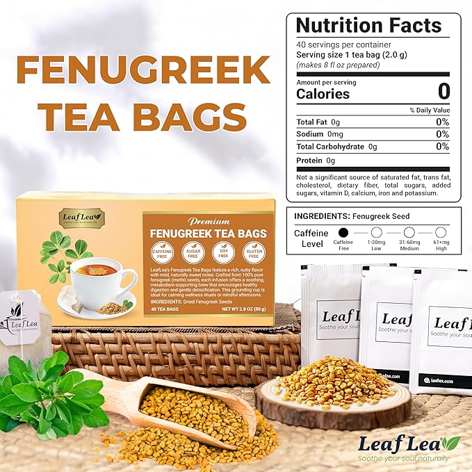 LeafLea Fenugreek Tea Bags, Whole Methi Seed Tea, 80 Count Value Pack | Real Fenugreek Seed, Fenogreco Tea, Toasty Nutty Flavor, Caffeine-Free, Non-GMO, Gluten-Free, Foil-Sealed Fresh