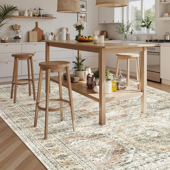 Soalmost 9x12 Area Rugs for Living Room Washable Rug Non-Slip Brown/Pink | Large Vintage Stain Resistant Carpet for Dining Bedroom, Low Pile Lightweight Foldable Floor Mat Nursery Home Office Decor