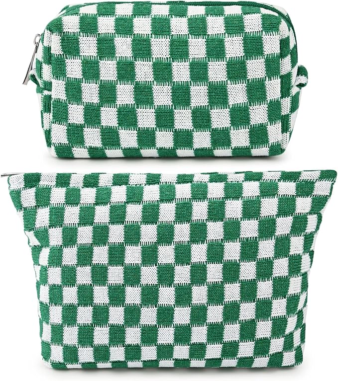 SOIDRAM 2 Pieces Makeup Bag Large Checkered Cosmetic Bag Capacity Canvas Mix Travel Toiletry Bag Organizer Cute Makeup Brushes Aesthetic Accessories Storage Bag for Women, Checkered Mix Green