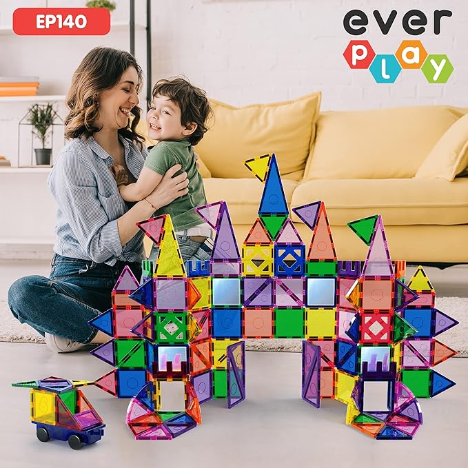140 pc Castle Rocket Magnetic Tiles with Car Set Building Block Toys STEM Educational Learning Magnet Toy Preschool Montessori Boys & Girls Smart Kit Games Gifts for Age 3+ Kids Toddlers