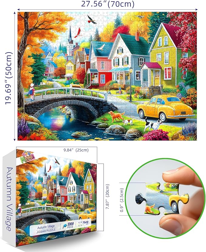 1000 Piece Jigsaw Puzzle for Adults - Autumn Village Scene: Colorful Houses, Bridge & Vintage Car, 27.5x19.7 Inch Unique Art Puzzle, Challenging Hard Difficult Puzzles for Adults