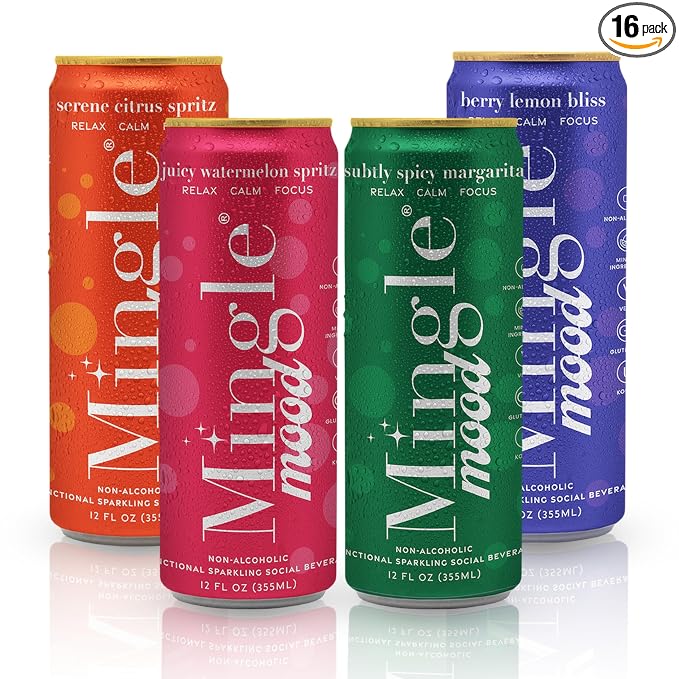 Mingle Mocktails Watermelon Spritz Nootropic Non Alcoholic Drinks with Ashwagandha, L-Theanine, Lion's Mane, Adaptogens, Alcohol Alternative Pre-Mixed Mocktails, Gluten Free Vegan, 16 Pack 12 fl oz