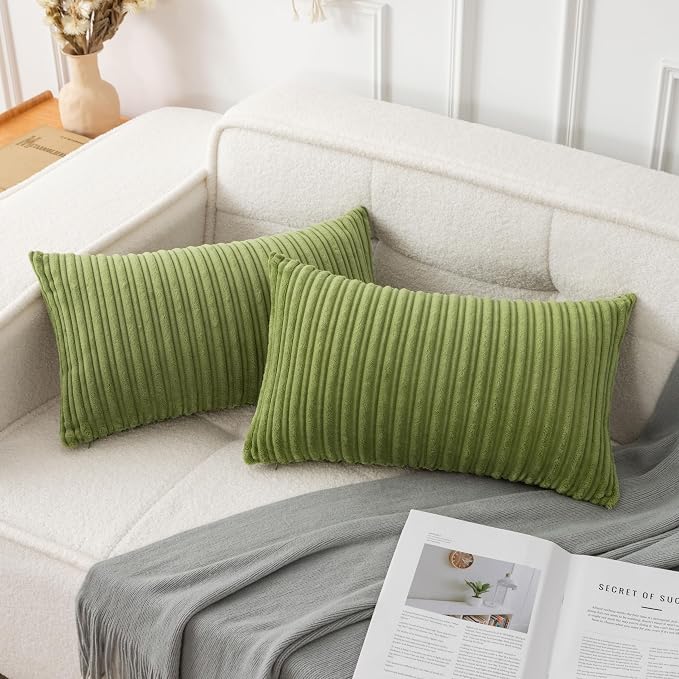 UGASA Pack of 2, Velvet Pillow Covers Striped, Soft Textured Throw Cushion Case Set, Accent Corduroy Lumbar Pillowcases with Hidden Zipper for Home Decor Indoor Outdoor (12"x20", Green)