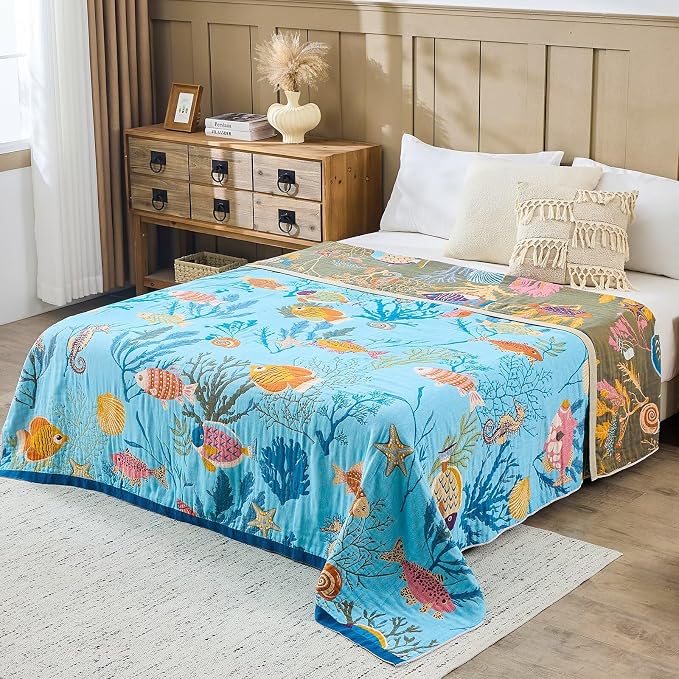 XIBLC Boho Throw Blanket 100% Cotton Vintage Blanket Muslin Woven Flower Decorative Throw Blankets All Season Bohemian Rustic Farmhouse Decor Quilt for Bed (Blue 80"x90")