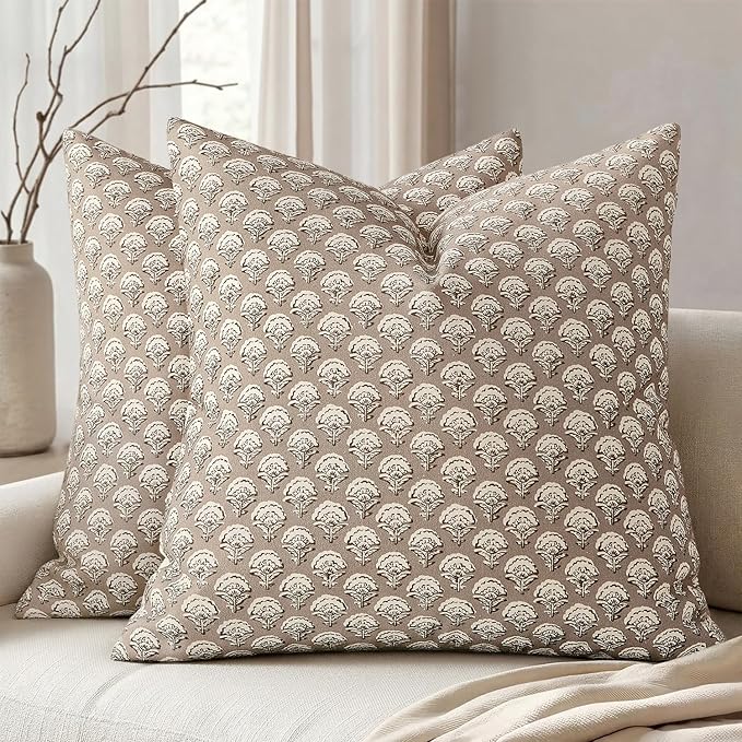 MIULEE Floral Print Decorative Pillow Covers 18x18, Light Taupe | Vintage Boho Farmhouse Modern Home Decor, Set of 2, Block Print Cushion Covers for Couch Sofa Bed Living Room