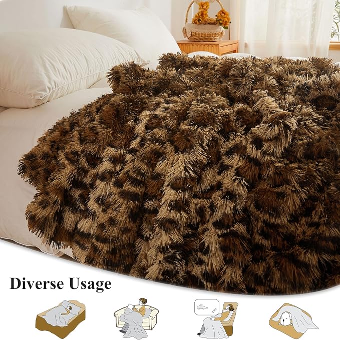 XeGe Luxury Faux Fur Leopard Print Throw, Soft 50x60 Cheetah Print Fluffy Blanket, Shaggy Plush Decorative Couch Throw, Cute Furry Fuzzy Animal Print Blanket for Sofa Bed, Brown