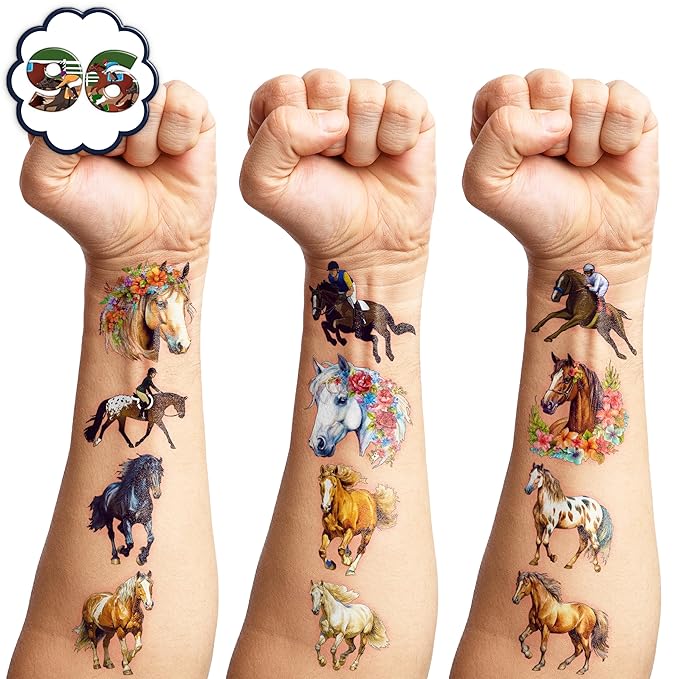 96 PCS Floral Cowgirl Horse Derby Pre-Cut Temporary Tattoos Birthday Party Favors Decorations Supplies Stickers Racing Pink Wild Horse Rodeo Cowboy Girls Boys Men Gift School Prizes Rewards (Normal)
