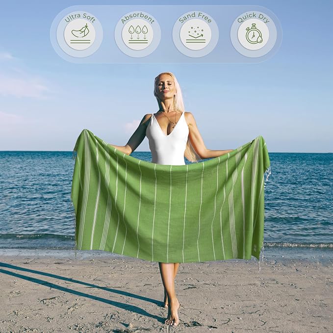 Ossano Turkish Beach Towel Absorbent & Lightweight Oversized (39" x 71") - Quick Dry, Versatile and Functional as Yoga Mat, Picnic Blanket, Travel Blanket, Bath, Gym, Camping Towel - Pistachio Green