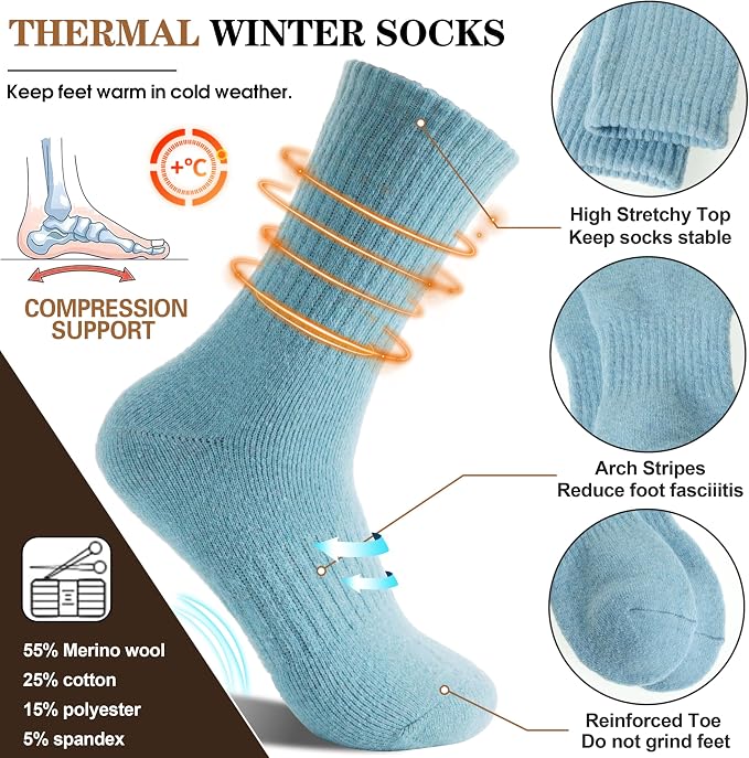 MOGGEI 5 Pairs Womens Merino Wool Socks Hiking Warm Winter Thick Thermal Crew Cozy Cabin Ladies Gift Comfy Boot Work Socks