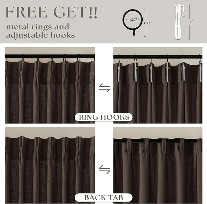 Dark Chocolate 90 Inch Pinch Pleated Semi Sheer Linen Curtains 2 Panels | for Living Room Bedroom, Memory Training Shaped, Light Filtering, Pinch Pleat Drapes with Hooks Rings, Window Curtains 40x90