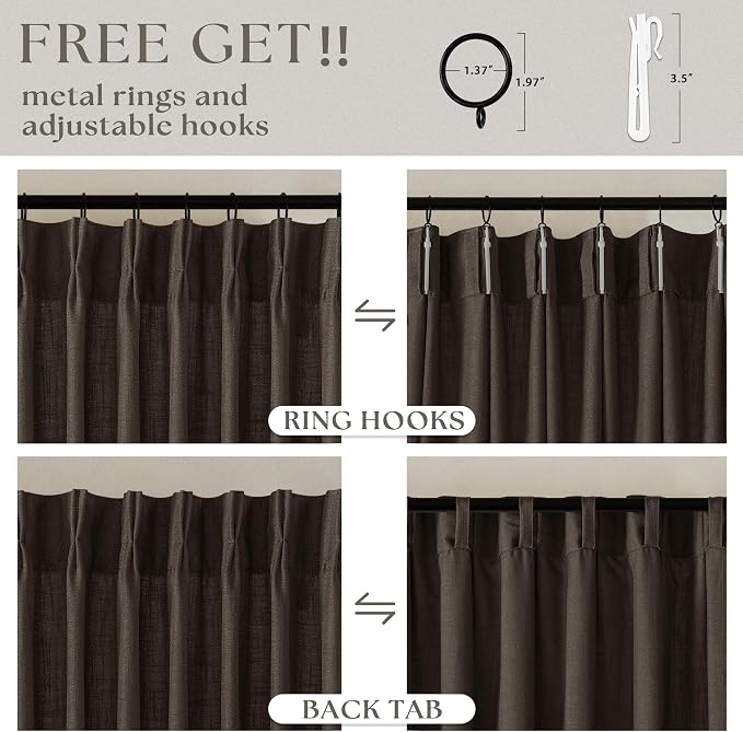 Dark Chocolate 108 Inch Pinch Pleated Semi Sheer Linen Curtains 2 Panels | for Living Room Bedroom, Memory Training Shaped, Light Filtering, Pinch Pleat Drapes with Hooks Rings, Window Curtains 40x108