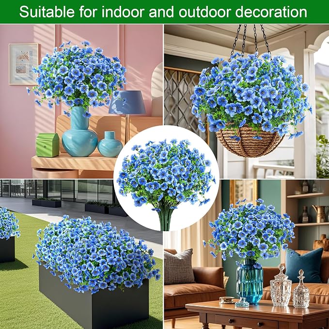 Ouddy Decor 24 Pcs Artificial Flowers for Outdoors Decorations, Blue | Lifelike silk flowers, UV resistant, faux plastic plants, for garden porch window table vase home indoor outdoor decor