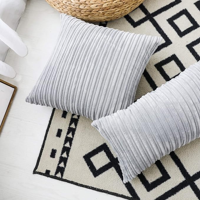 UGASA Velvet Pillow Covers Striped, Decorative Throw Cushion Case with Hidden Zipper for Home Couch/Bedroom, Soft Cozy Solid Oblong, 1 Piece (12"x20", Light Grey)