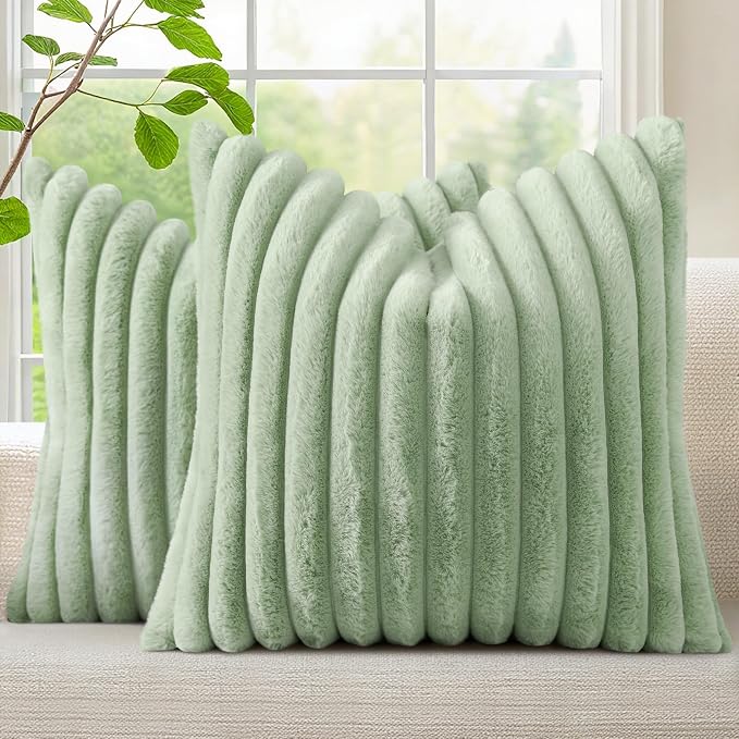 decorUhome Fall Faux Fur Throw Pillow Covers 20x20 Set of 2 Sage Green | Decorative Soft Cozy Striped Plush Modern Farmhouse Boho Couch Pillow Cases Velvet Back for Sofa Bed Living Room Home Decor