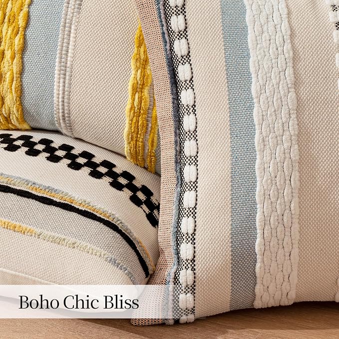 ANRODUO Boho Decorative Pillow Covers 20x20 Orange-Blue Stripe Pack of 2 | Throw Pillow Covers, Farmhouse Cushion Case, Chenille Pillow Cases, Pillow Covers, Accent Neutral Pillowcase for Sofa Couch