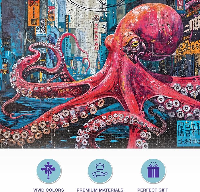 Cross & Glory 1000 Piece Jigsaw Puzzle for Adults | Octopus City: Neon Overlord | Marine Ocean Artwork Puzzle | Challenging Brain Teaser | Cyberpunk Ocean Art