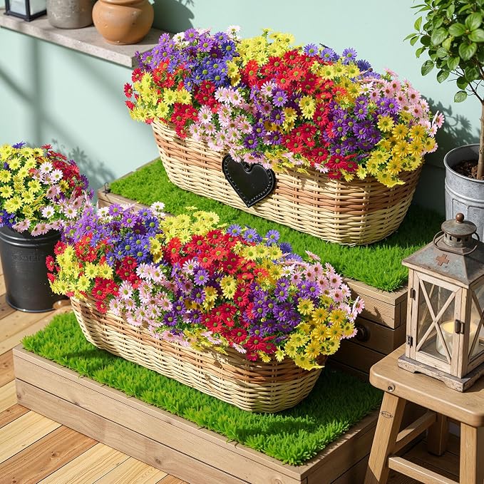 Alupssuc 40 Bundles Artificial Daisies Flowers Fake Silk Plant for Indoor Outdoor Decor, UV Resistant No Fade Faux Spring Flowers for Garden, Porch & Patio Decoration,Mixed 5 Colors