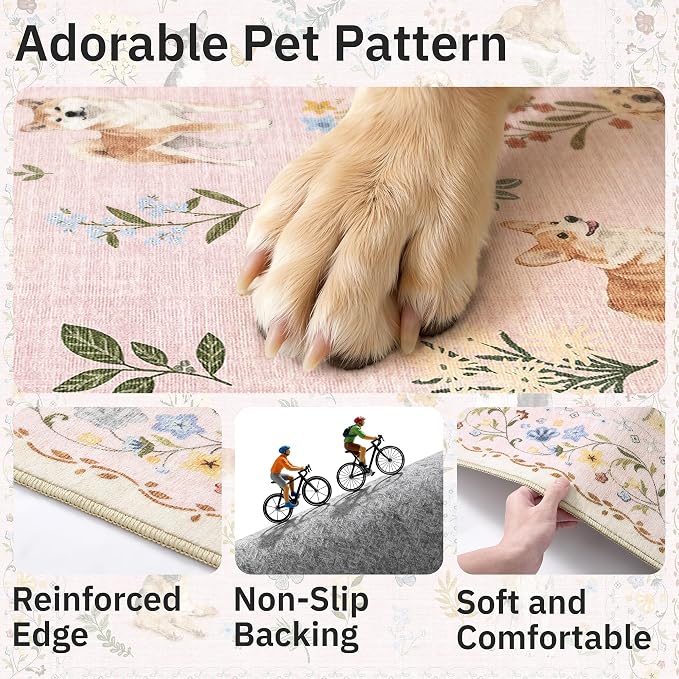 Soalmost Dog 9x12 Pink Area Rugs for Baby Girl Nursery, Washable Soft Rug | Floral Vintage Cute Animal Non-Slip Low Pile Throw Rugs for Living Room Dining Room Bedroom Playroom Classroom 9' x 12'