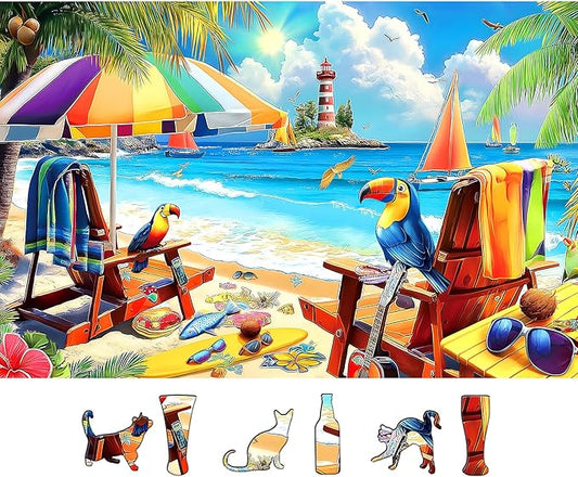 500 Piece Jigsaw Puzzle for Adults - Tropical Beach Theme with Parrots & Lighthouse - Fun & Challenging Art Puzzle - Ideal Gift for Puzzle Enthusiasts 23x15 Inch