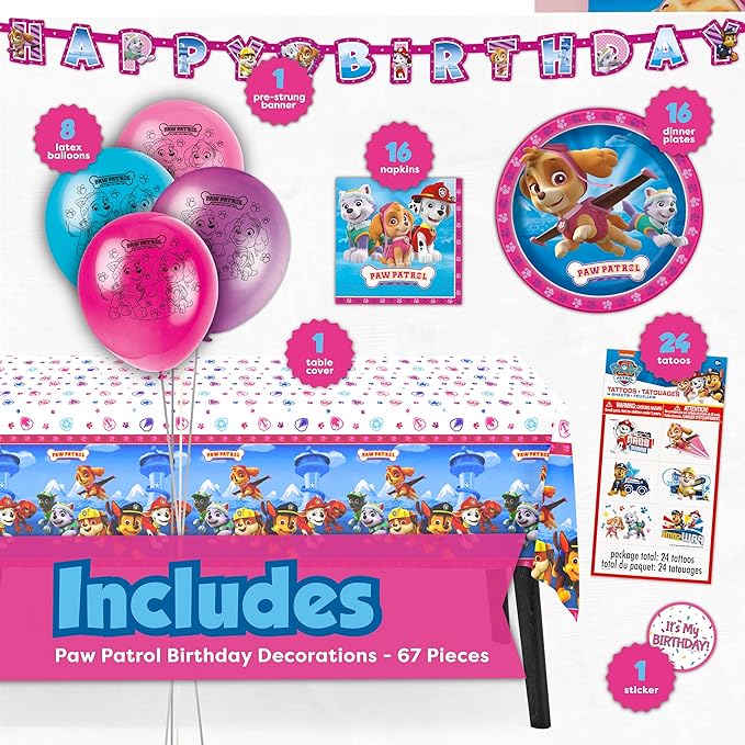 Skye Paw Patrol Birthday Decorations | Serves 16 | Pink Banner, Tablecloth, Balloons, Plates and Napkins, Temporary Tattoos, Sticker | Paw Patrol Party Decorations for Girls