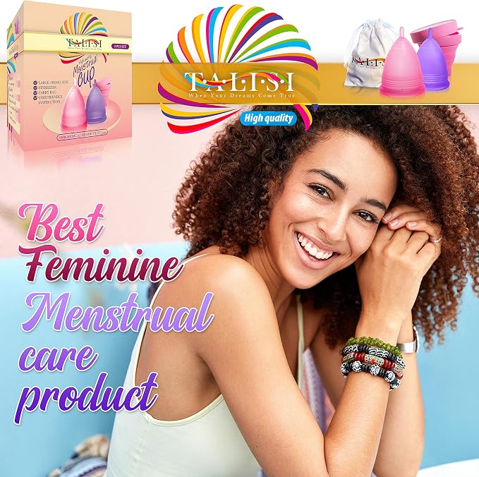 Talisi Menstrual Cups Set of 2 (Small & Large) Super Soft Reusable Period Kit with Collapsible Silicone Sterilizer Case, Storage Bag Menstruation Feminine Copa for Teens, Beginners, Heavy Flow