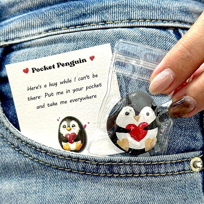 Handmade Pocket Penguin Pebble – Pocket Hug Mini Gift – Cute Hand-Painted Affirmation Token with Card – Long Distance Hug, Encouragement for Friends, Kids, or Anxiety Relief for Boyfriend, Girlfriend, Couples (Penguin Hug)