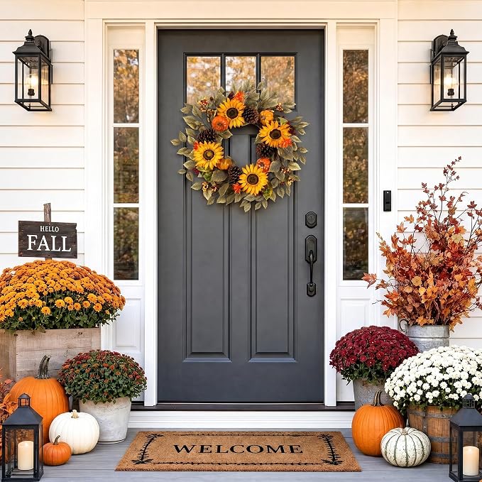 20" Fall Wreath Front Door Pumpkin Sunflower Pine Cones Artificial Wall Decor Farmhouse Autumn Wreath Thanksgiving Home Porch Outdoor Indoor Holiday Harvest Decor