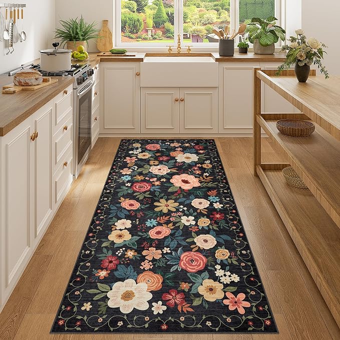 DUKINO 3x7 Kitchen Runner Rug, Washable Rug for Hallway Non Slip, Black | Floral, Low Pile, Soft Indoor Rug for Bedroom, Bathroom, Entryway, Laundry, Pet Friendly, Stain Resistant, Modern Home Decor