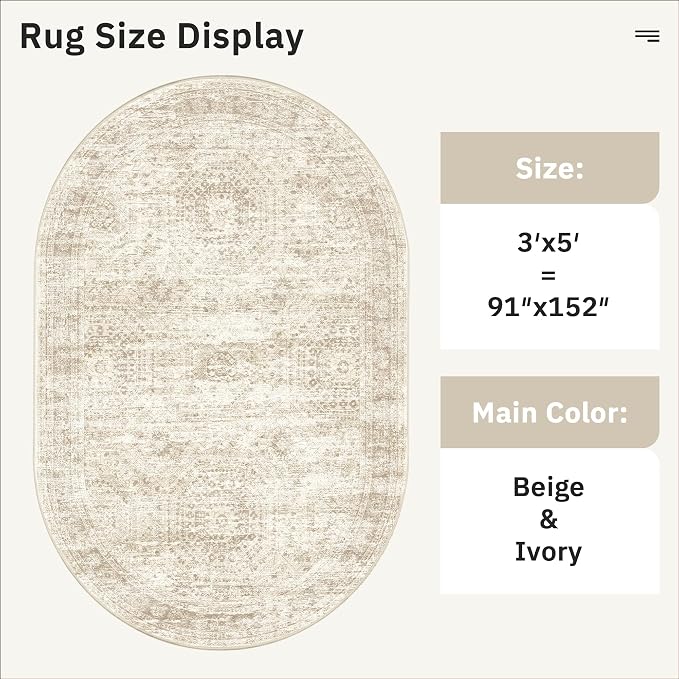 Soalmost Small Oval 3x5 Rug for Entryway Kitchen, Washable Area Rugs, Beige | Vintage Low Pile Carpet for Nursery Coffee Table Bathroom, Foldable Stain Resistant Indoor Door Mat Entrance Powder Room