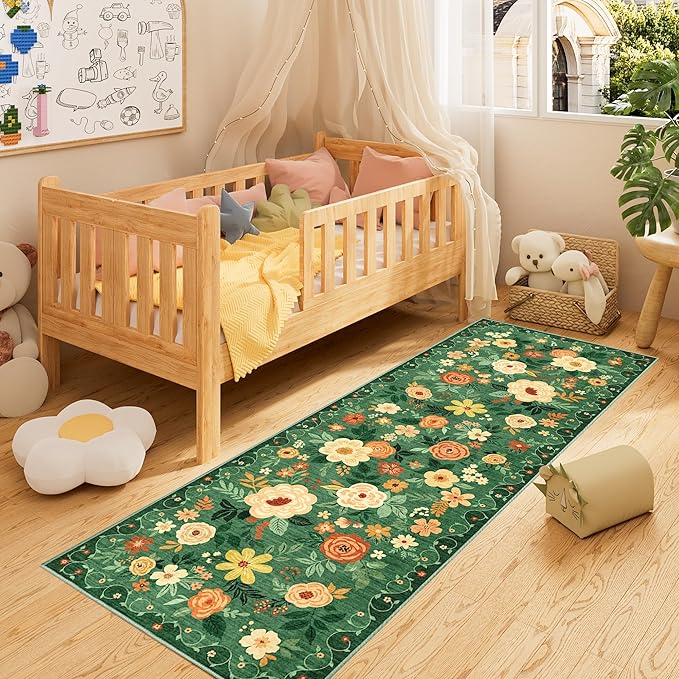 DUKINO 2x10 Runner Rug, Washable Kitchen Runner Rug Non Slip, Dark Green | Soft, Low Pile, Floral Indoor Rug Runner for Hallway, Entryway, Bedroom, Bathroom, Pet Friendly, Home Decor, Stain Resistant